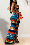 Pink Sexy Striped Print Hollowed Out Patchwork Cardigan Spaghetti Strap Sling Dress Dresses