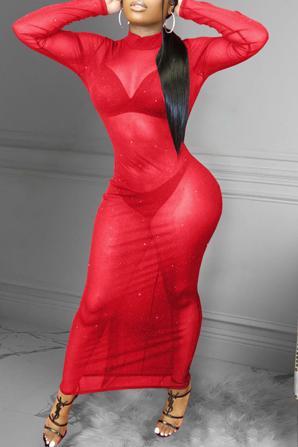 Red Sexy Solid Patchwork Backless Half A Turtleneck One Step Skirt Dresses