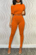 Tangerine Red Casual Solid Patchwork Oblique Collar Short Sleeve Two Pieces