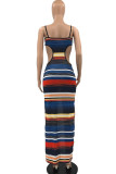 Pink Sexy Striped Print Hollowed Out Patchwork Cardigan Spaghetti Strap Sling Dress Dresses