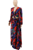 Colour Sexy Print Bandage Patchwork V Neck Long Sleeve Two Pieces
