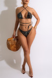 Black Sexy Print Bandage Hollowed Out See-through Backless Swimwears Three-piece Set (Without Paddings)