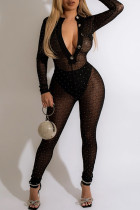 Black Fashion Sexy Solid Split Joint See-through V Neck Skinny Jumpsuits