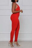 Red Sexy Solid Patchwork Halter Regular Jumpsuits
