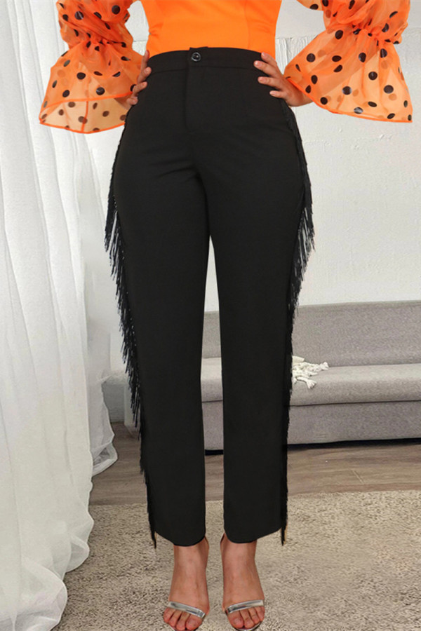 Black Fashion Casual Solid Tassel Patchwork Regular High Waist Trousers