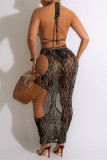 Black Sexy Print Bandage Hollowed Out See-through Backless Swimwears Three-piece Set (Without Paddings)