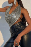 Silver Fashion Sexy Solid Patchwork Backless Asymmetrical Halter Tops