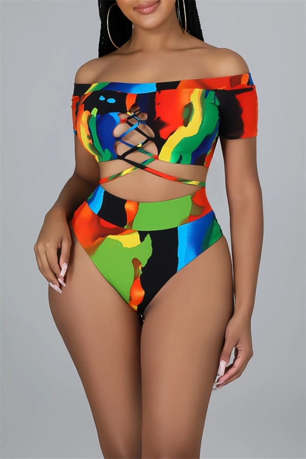 Multicolor Fashion Sexy Print Bandage Backless Swimwears (With Paddings)