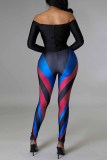 Blue Fashion Sexy Print Hollowed Out Off the Shoulder Long Sleeve Two Pieces