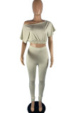 Beige Casual Solid Split Joint Oblique Collar Short Sleeve Two Pieces