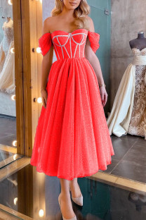 Red Sexy Elegant Solid Split Joint Strapless Evening Dress Dresses