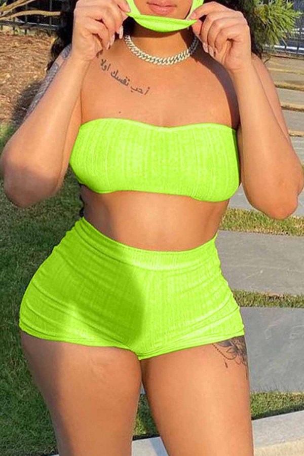 Fluorescent Green Fashion Sexy Solid Backless Strapless Sleeveless Two Pieces