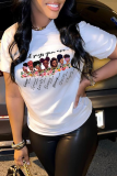 White Daily Vintage Print Patchwork Letter O Neck T-Shirts