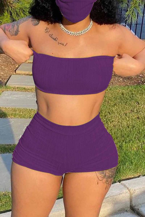 Purple Fashion Sexy Solid Backless Strapless Sleeveless Two Pieces