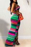 Pink Sexy Striped Print Hollowed Out Patchwork Cardigan Spaghetti Strap Sling Dress Dresses