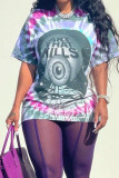 Purple Casual Street Print Patchwork O Neck T-Shirts
