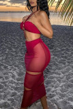 Red Fashion Sexy Solid Hollowed Out Patchwork Backless Halter Sleeveless Dress Dresses