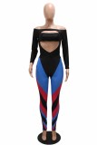 Blue Fashion Sexy Print Hollowed Out Off the Shoulder Long Sleeve Two Pieces