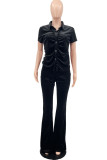 Black Casual Solid Patchwork Buckle Turndown Collar Short Sleeve Two Pieces