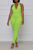 Red Sexy Solid Patchwork Halter Regular Jumpsuits