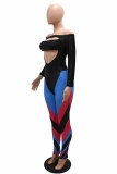 Blue Fashion Sexy Print Hollowed Out Off the Shoulder Long Sleeve Two Pieces