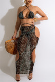 Black Sexy Print Bandage Hollowed Out See-through Backless Swimwears Three-piece Set (Without Paddings)