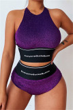 Purple Fashion Casual Letter Print Patchwork O Neck Sleeveless Two Pieces