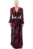 Colour Sexy Print Bandage Patchwork V Neck Long Sleeve Two Pieces