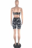 Blue Fashion Sexy Letter Print Hollowed Out Backless Strapless Sleeveless Two Pieces