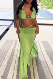Green Fashion Sexy Solid Patchwork Backless Slit Halter Sleeveless Two Pieces