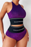 Purple Fashion Casual Letter Print Patchwork O Neck Sleeveless Two Pieces