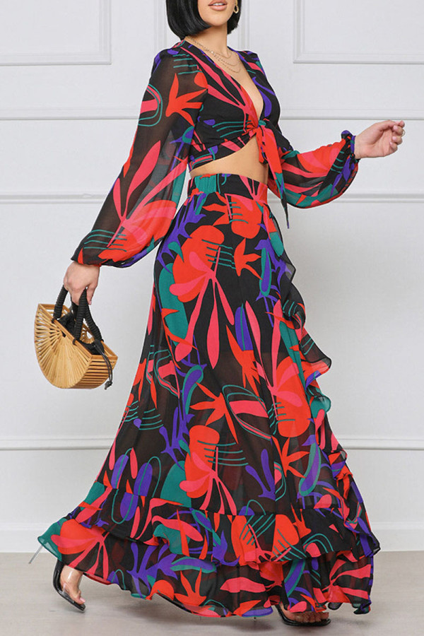 Colour Sexy Print Bandage Patchwork V Neck Long Sleeve Two Pieces