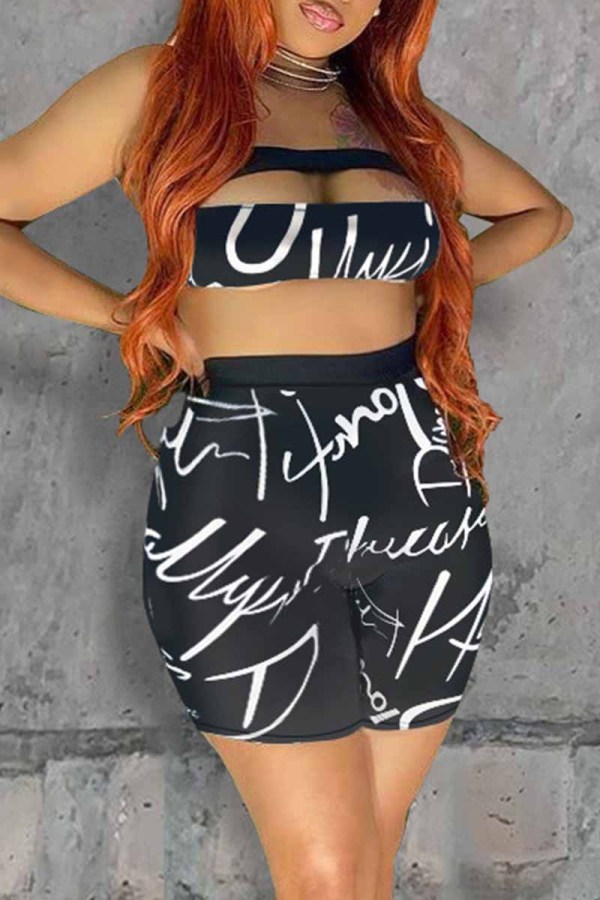 Black Fashion Sexy Letter Print Hollowed Out Backless Strapless Sleeveless Two Pieces