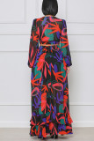 Colour Sexy Print Bandage Patchwork V Neck Long Sleeve Two Pieces