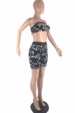 Blue Fashion Sexy Letter Print Hollowed Out Backless Strapless Sleeveless Two Pieces