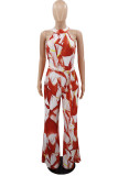 Red Casual Print Bandage Split Joint O Neck Straight Jumpsuits