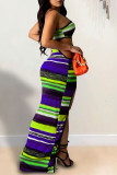 Pink Sexy Striped Print Hollowed Out Patchwork Cardigan Spaghetti Strap Sling Dress Dresses