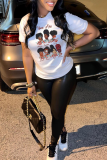 White Fashion Street Print Patchwork O Neck T-Shirts