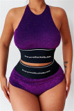 Purple Fashion Casual Letter Print Patchwork O Neck Sleeveless Two Pieces