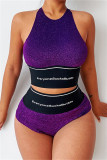Purple Fashion Casual Letter Print Patchwork O Neck Sleeveless Two Pieces