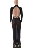 Red Sexy Solid Patchwork Backless Half A Turtleneck One Step Skirt Dresses