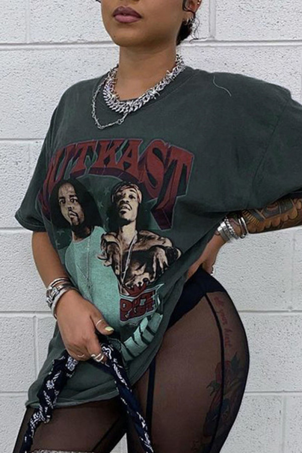Grey Casual Street Print Patchwork O Neck T-Shirts