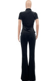 Black Casual Solid Patchwork Buckle Turndown Collar Short Sleeve Two Pieces