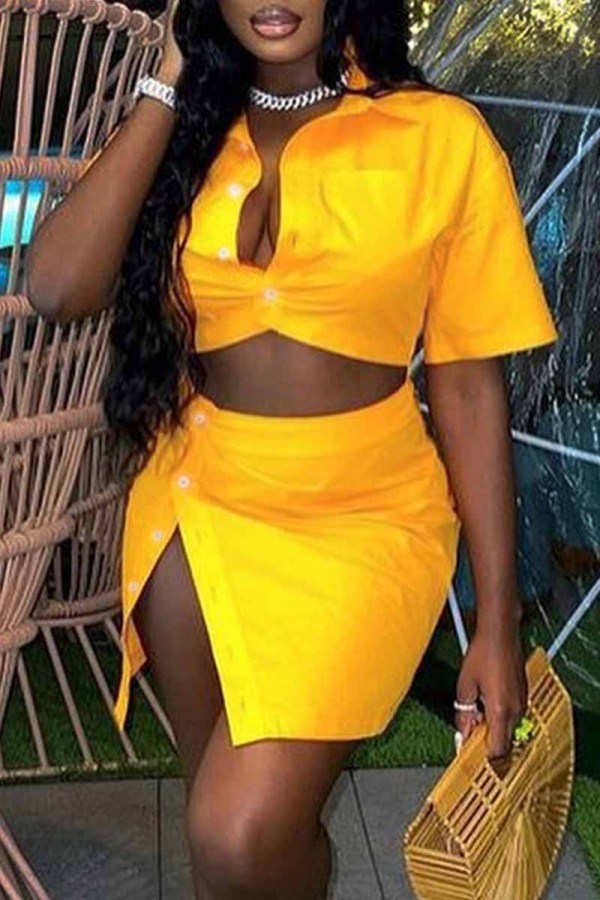 Yellow Fashion Sexy Solid Buttons Turndown Collar Short Sleeve Two Pieces