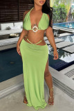 Green Fashion Sexy Solid Patchwork Backless Slit Halter Sleeveless Two Pieces