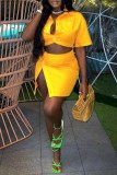 Yellow Fashion Sexy Solid Buttons Turndown Collar Short Sleeve Two Pieces