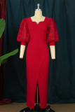 Red Fashion Casual Solid Patchwork Slit V Neck Evening Dress Dresses