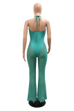 Green Fashion Sexy Patchwork Hollowed Out See-through Backless Spaghetti Strap Skinny Jumpsuits