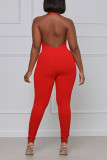 Red Sexy Solid Patchwork Halter Regular Jumpsuits