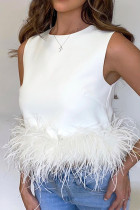 White Fashion Casual Solid Split Joint Feathers O Neck Tops